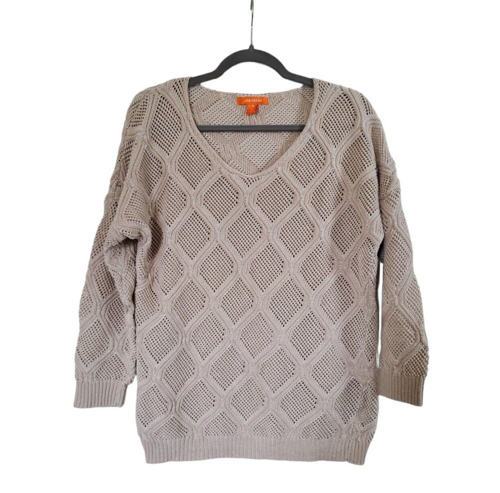 Joe Fresh Cream Cable Knit Long Sleeve Fisherman Cotton Sweater, Women's Large